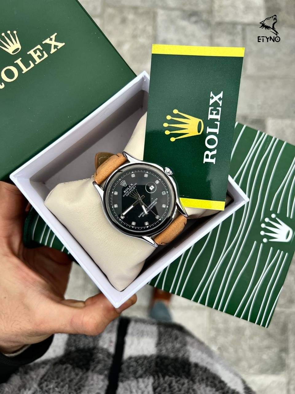 ساعة Rolex Leather Watch – Logo Hands Design لون اسود وهافان