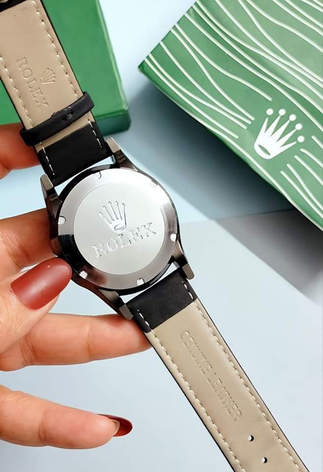 ساعة Rolex Leather Watch – Logo Hands Design لون اسود وهافان