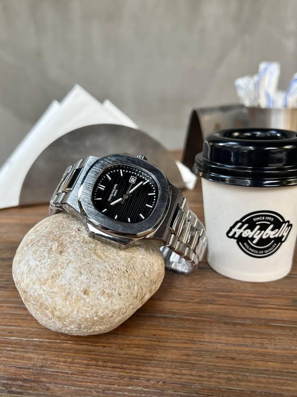ساعة Patek Philippe_Date Display سيلفر ميناء اسود وابيض