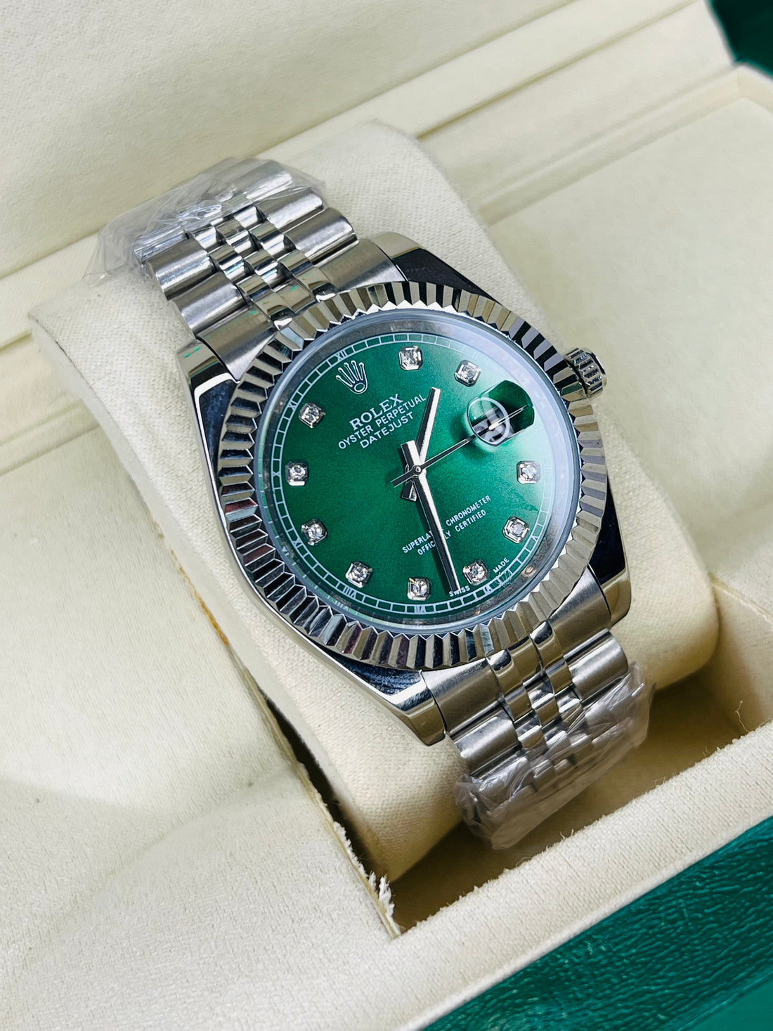 ساعه Rolex Datejust Oyster اوستيك سليڤر مينا أخضر فصوص