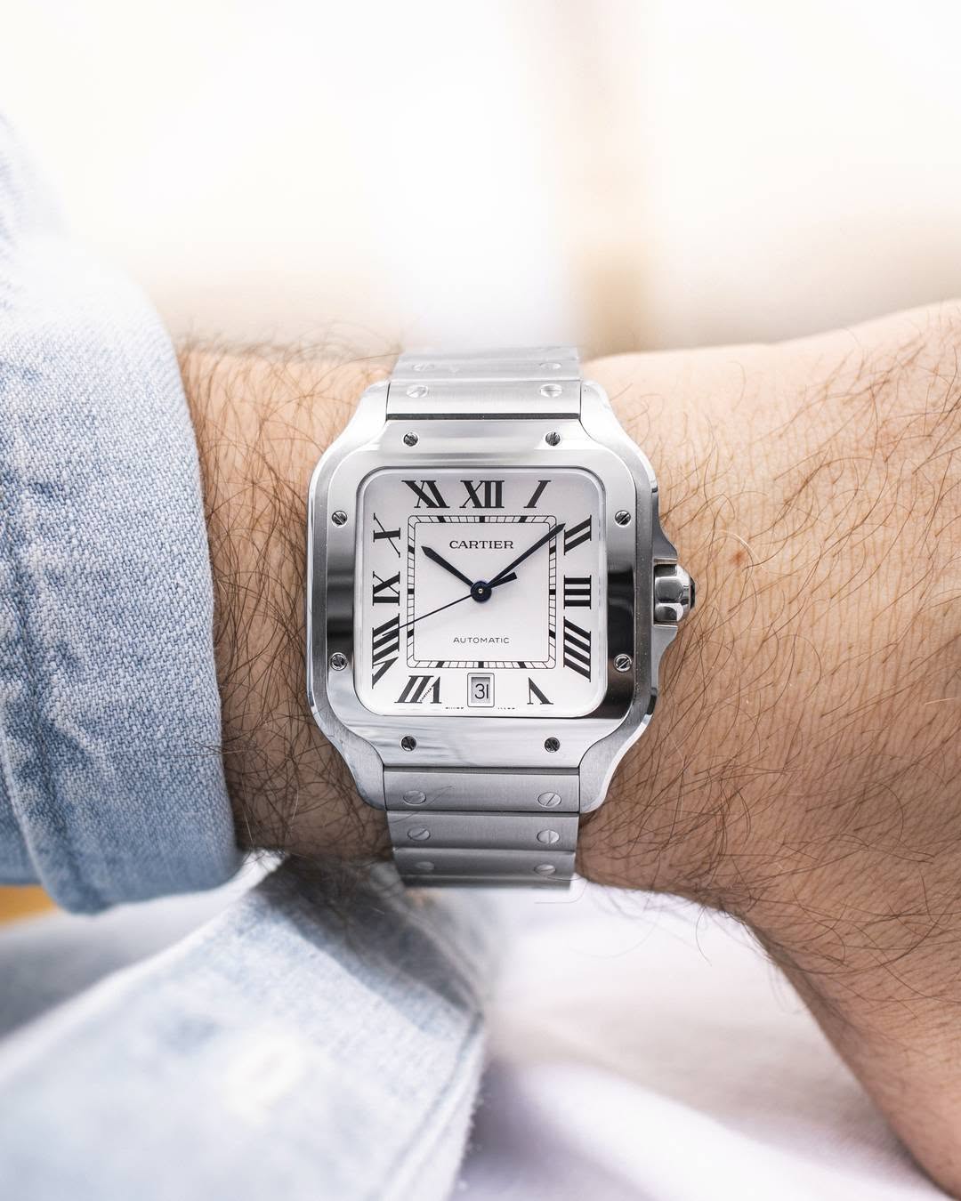 ساعة Cartier Stainless Steel Watch – with Date لون سيلفر ميناء ابيض 