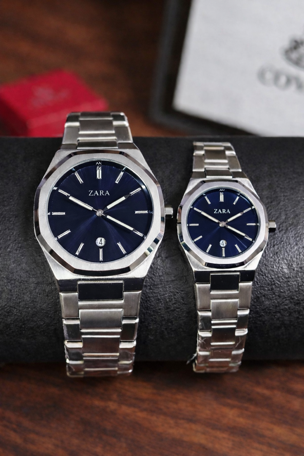 ساعتين كابلز Zara Couple Watches – with Date Display ستراب سيلفر ميناء سيلفر _اسود _ازرق