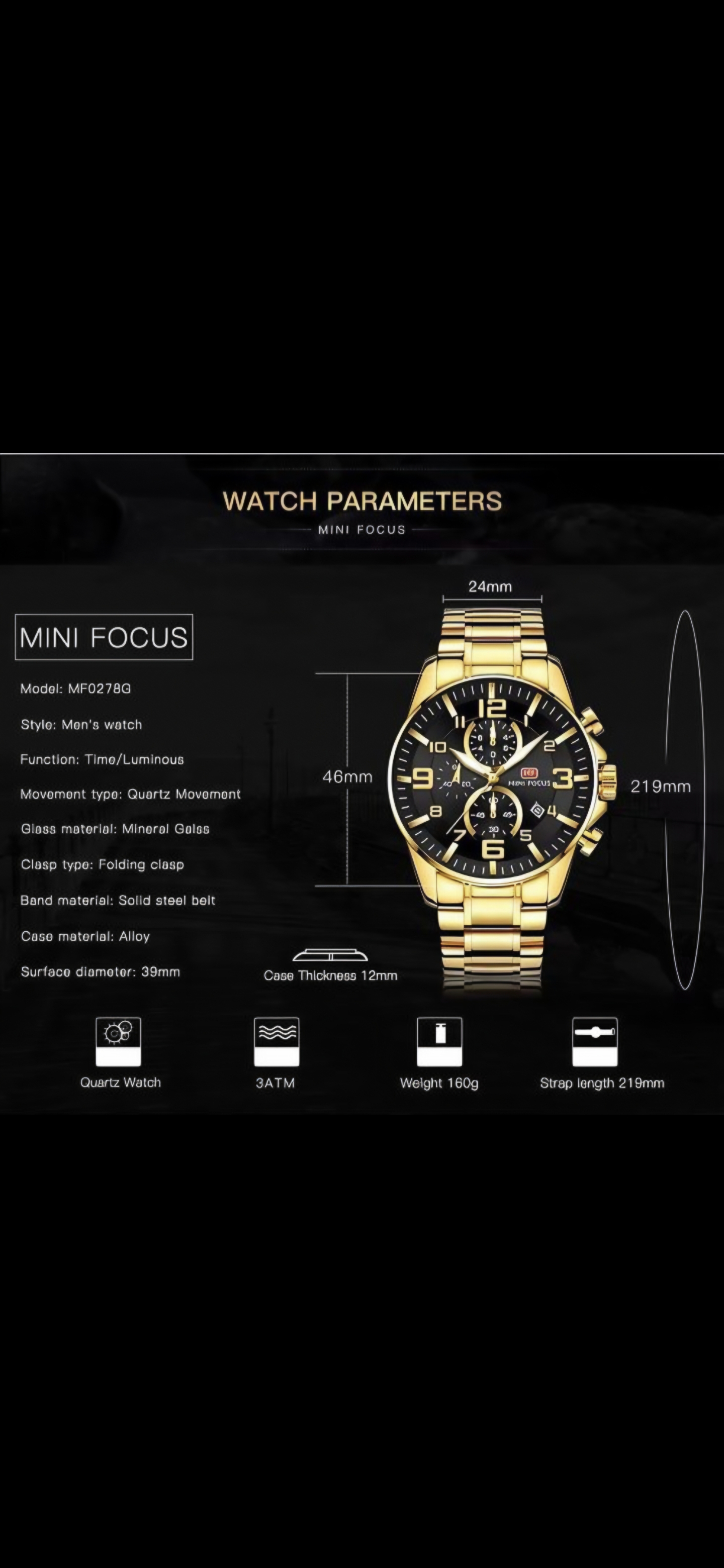 ساعة Mini Focus Gold Chronograph Watch لون جولد ميناء اسود عددات تعمل