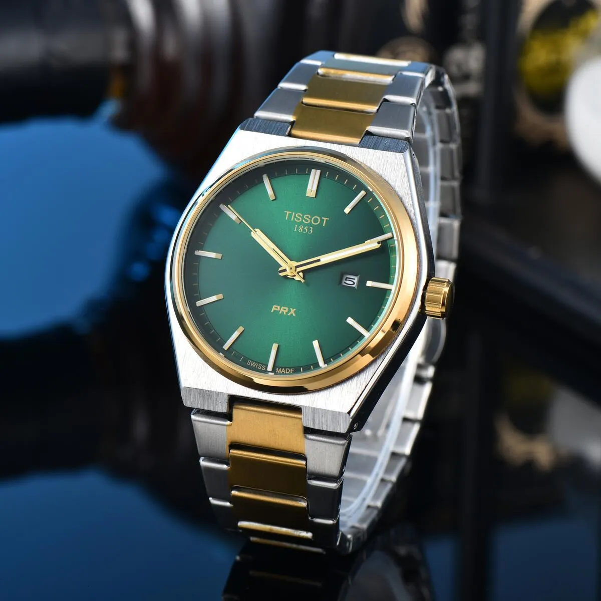 ساعة Tissot PRX Two-Tone Watch – Green / Blue Dial with Date مطعم لون ميناء اخضر وازرق 