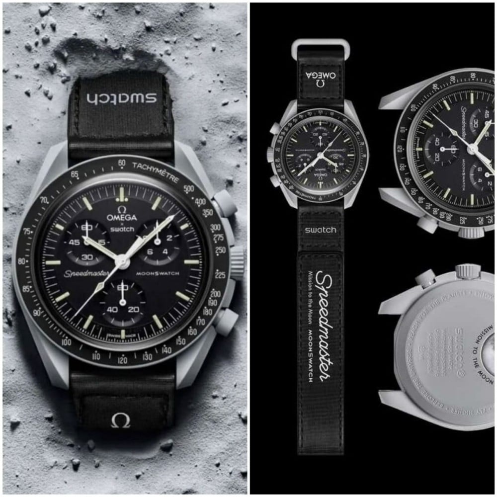 ساعة Omega x Swatch Chronograph لون اسود وازرق