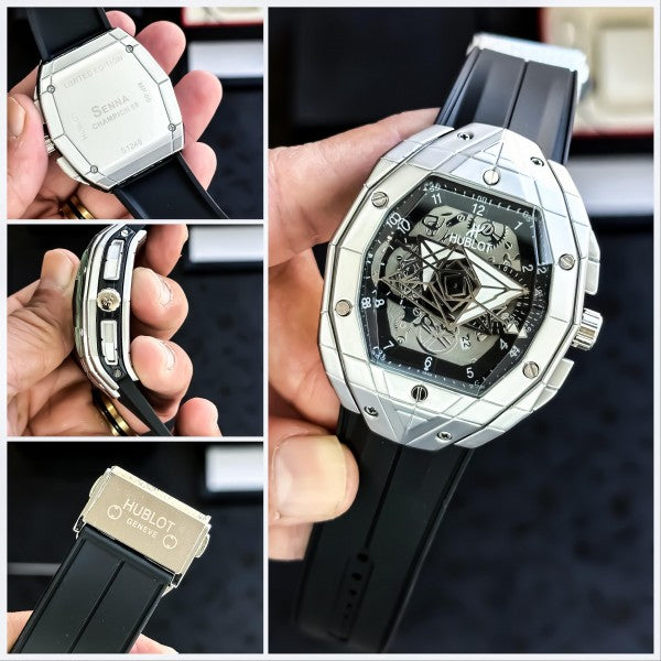 ساعة Hublot Rubber Strap Watch – Silver Dial with Date الشكل الدائري 